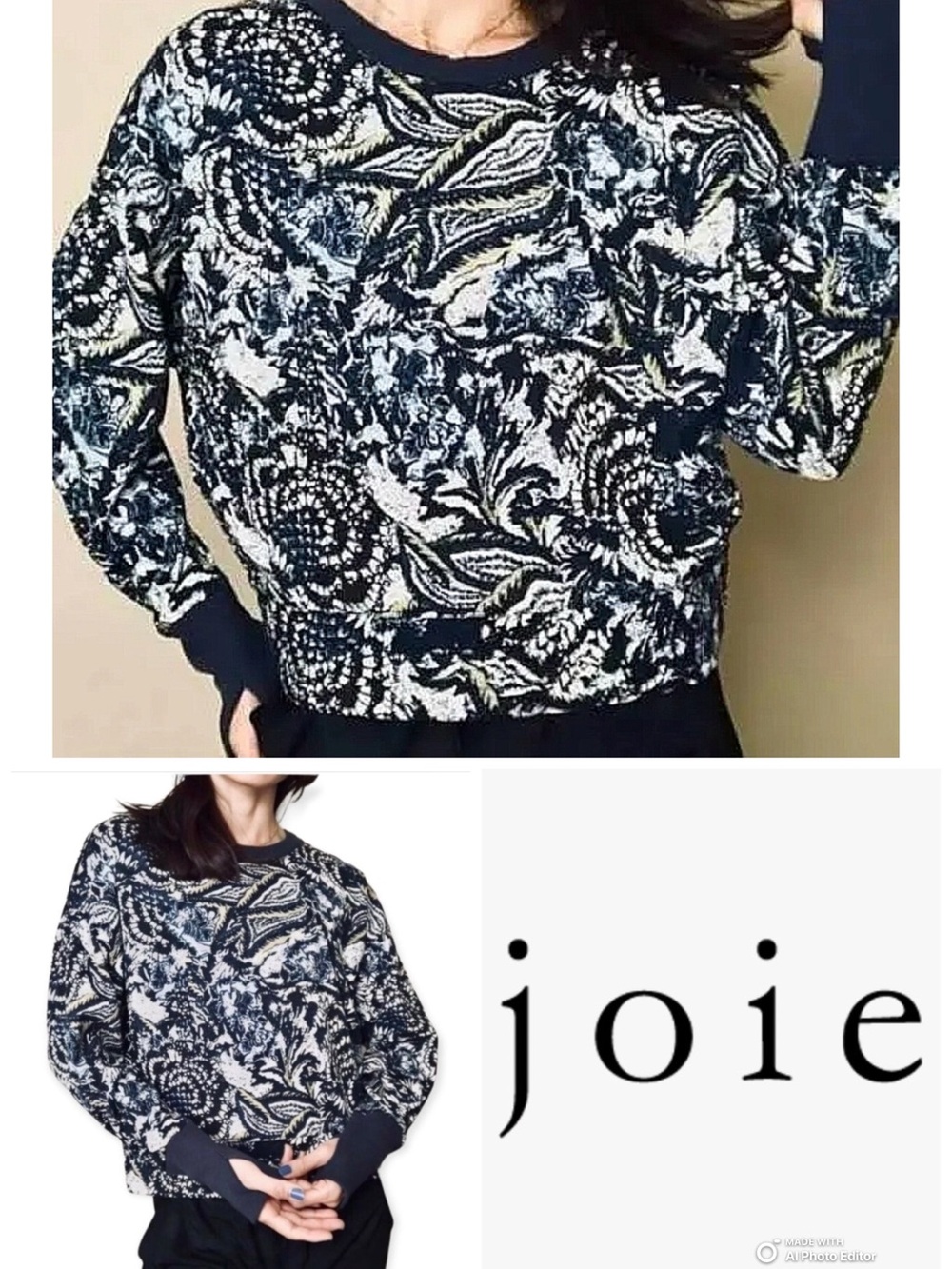 Joie “Caleigh” Paisley Pattern Cropped Pullover Sweatshirt w/ Thumbholes